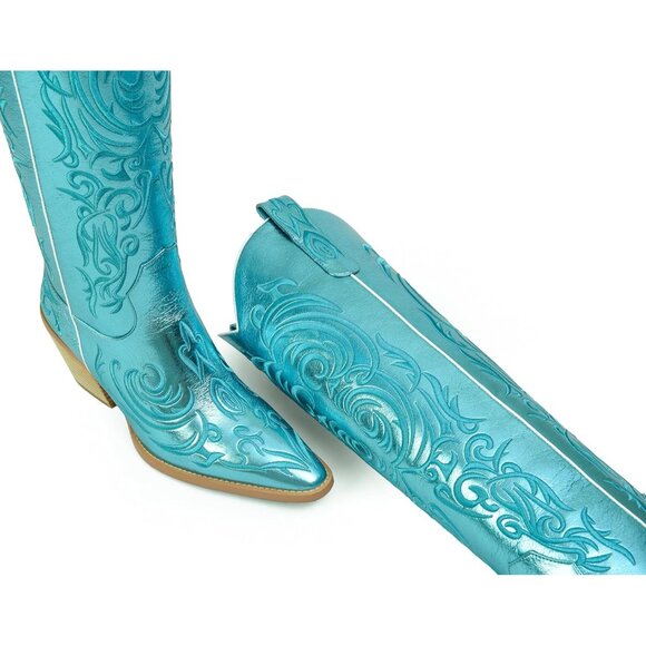 Women Metallic Blue Knee High Pointed Toe Block Heel Cowboy Western Boots - Picture 8 of 8